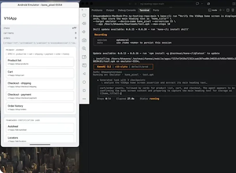 Kane CLI running a plain-English test on an Android app from the terminal