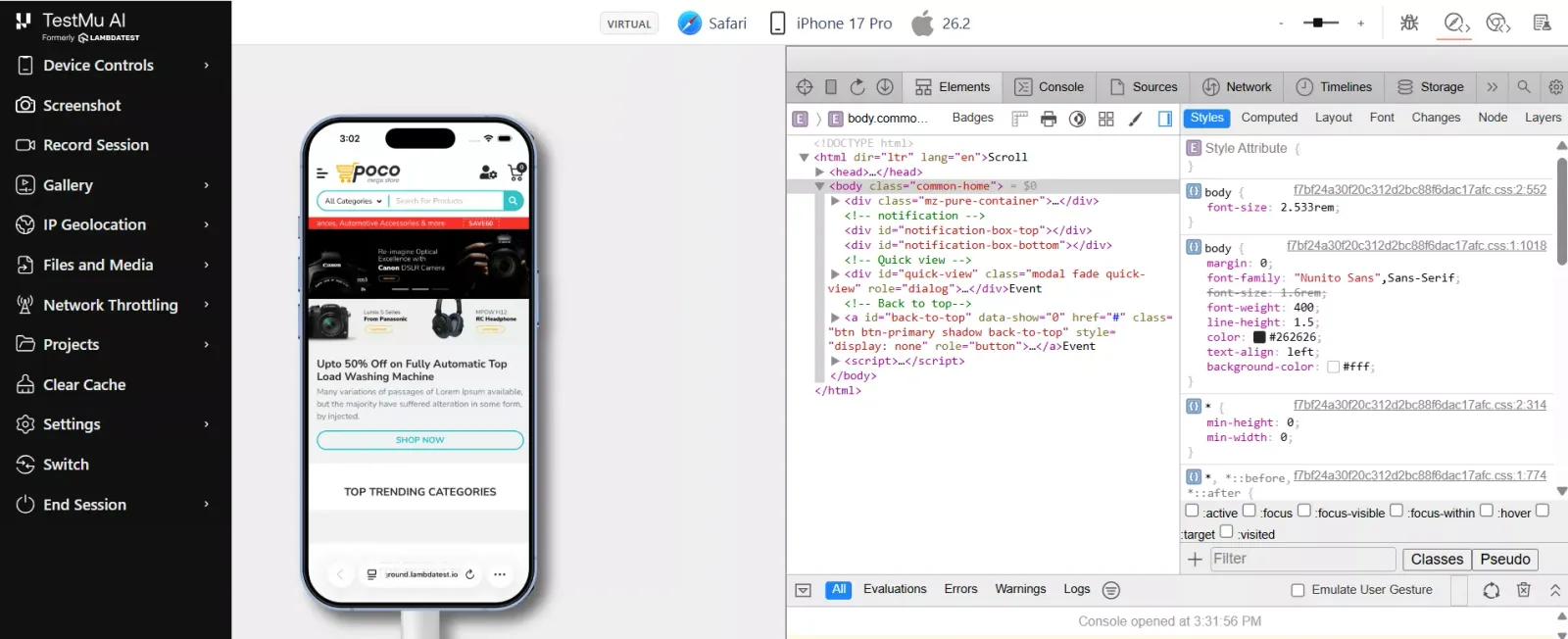 Reproducing a mobile Safari bug on a TestMu AI virtual iOS session with Safari Web Inspector A TestMu AI Real-Time Testing virtual iOS session running mobile Safari on an ecommerce storefront with Safari Web Inspector open for debugging