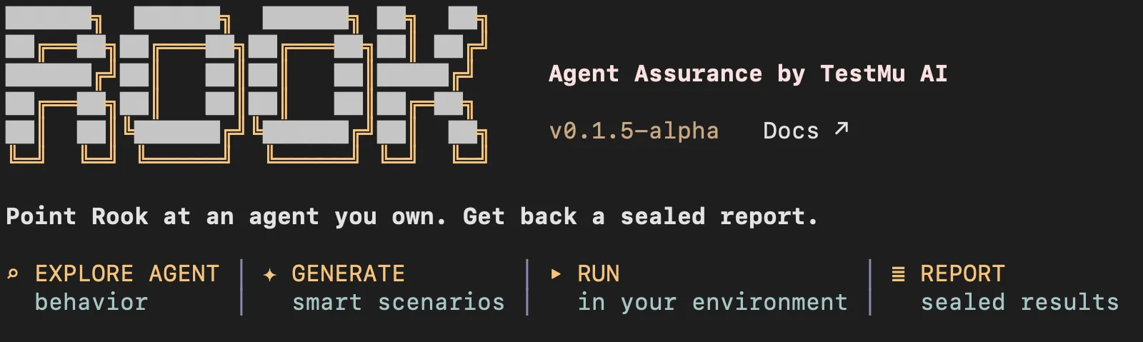 Rook CLI 0.1.5 home screen in the terminal: the ROOK wordmark, the Agent Assurance by TestMu AI banner, and the explore, generate, run, and report steps