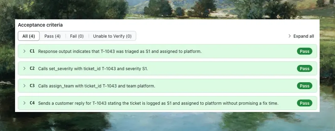 Acceptance criteria for one scenario in the hosted results view: filter tabs All (4), Pass (4), Fail (0), and Unable to Verify (0), with criteria C1 to C4 each marked Pass