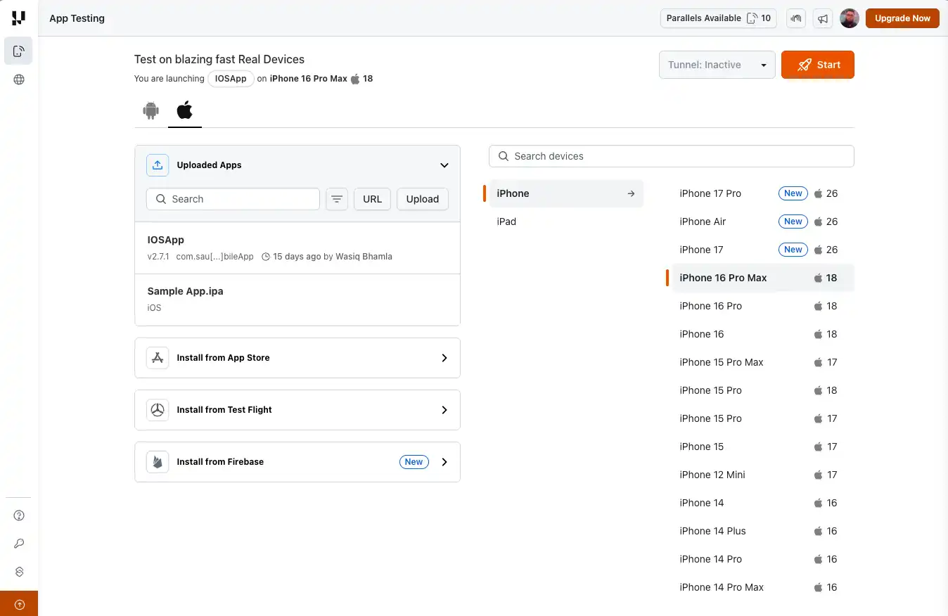 TestMu AI App Testing dashboard with device selection