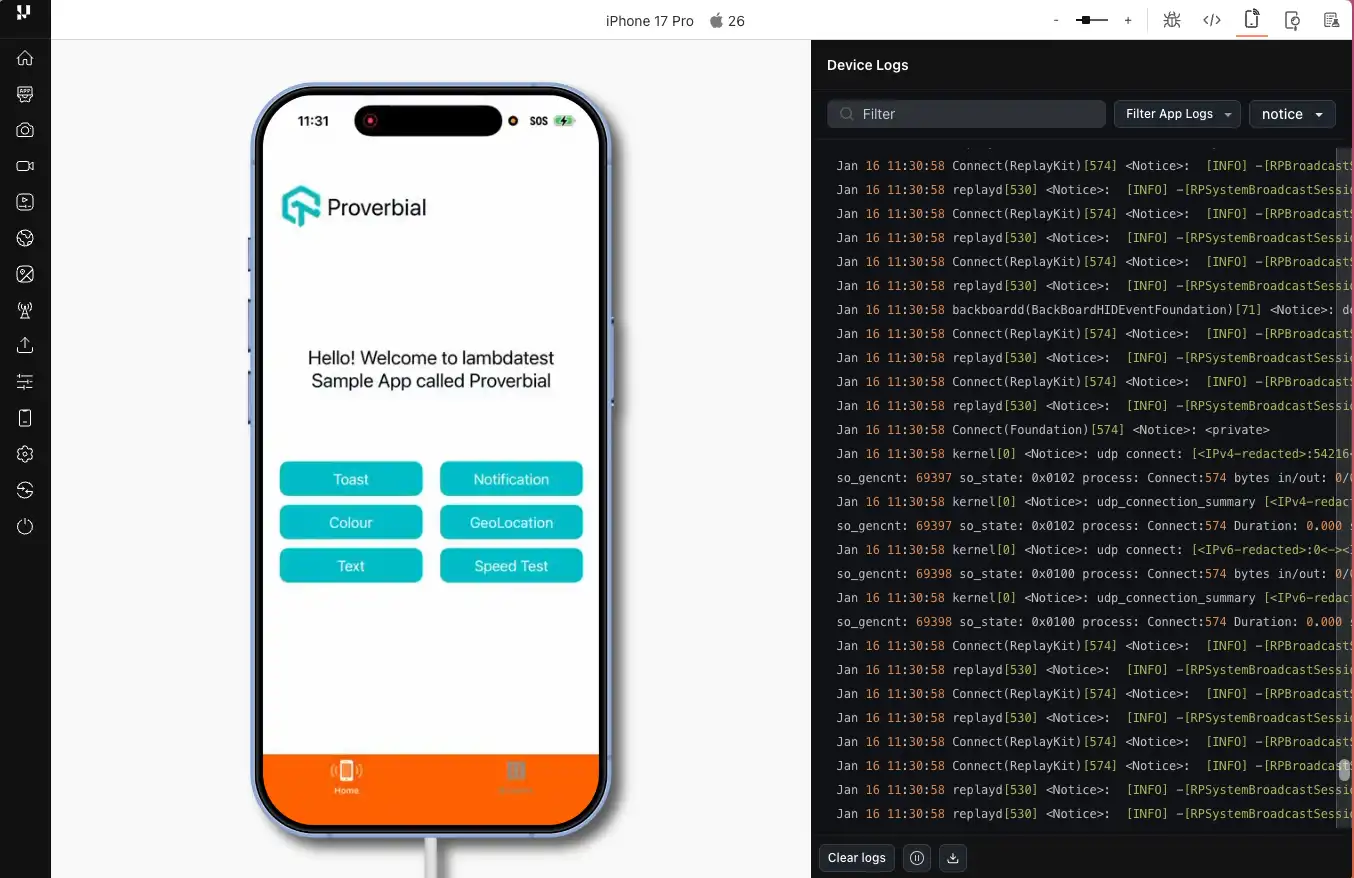 Active iOS real device session on TestMu AI cloud platform