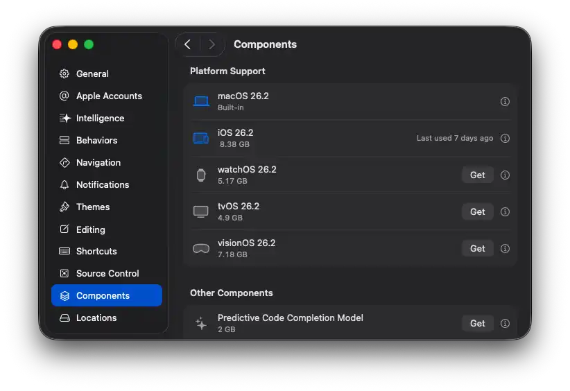 Xcode Components tab showing iOS Simulator Runtime options