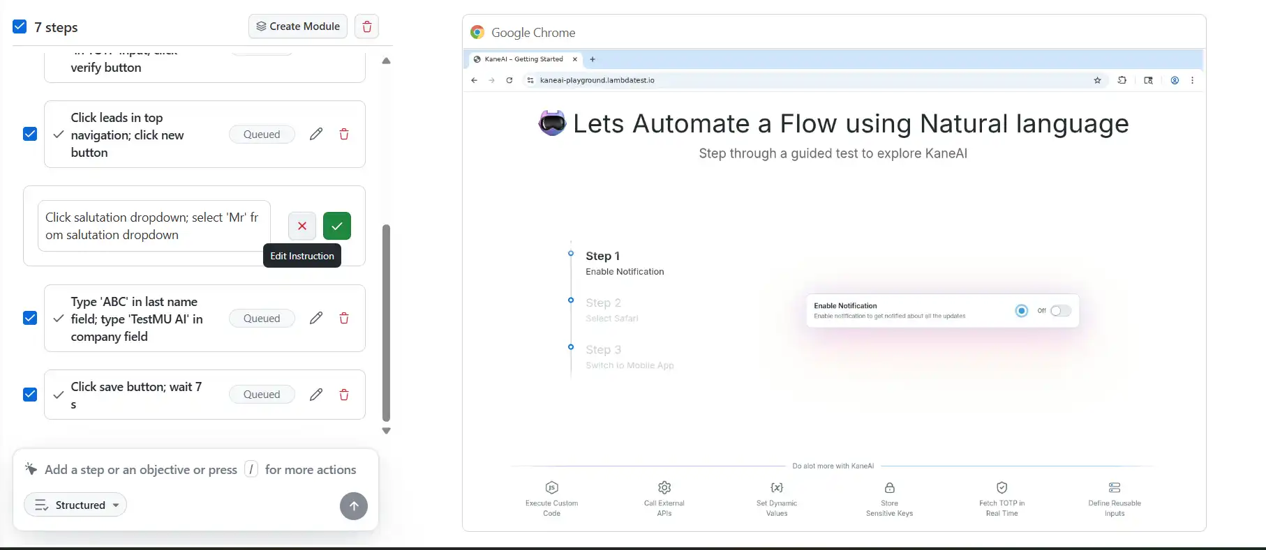 KaneAI generated test steps for Salesforce automation