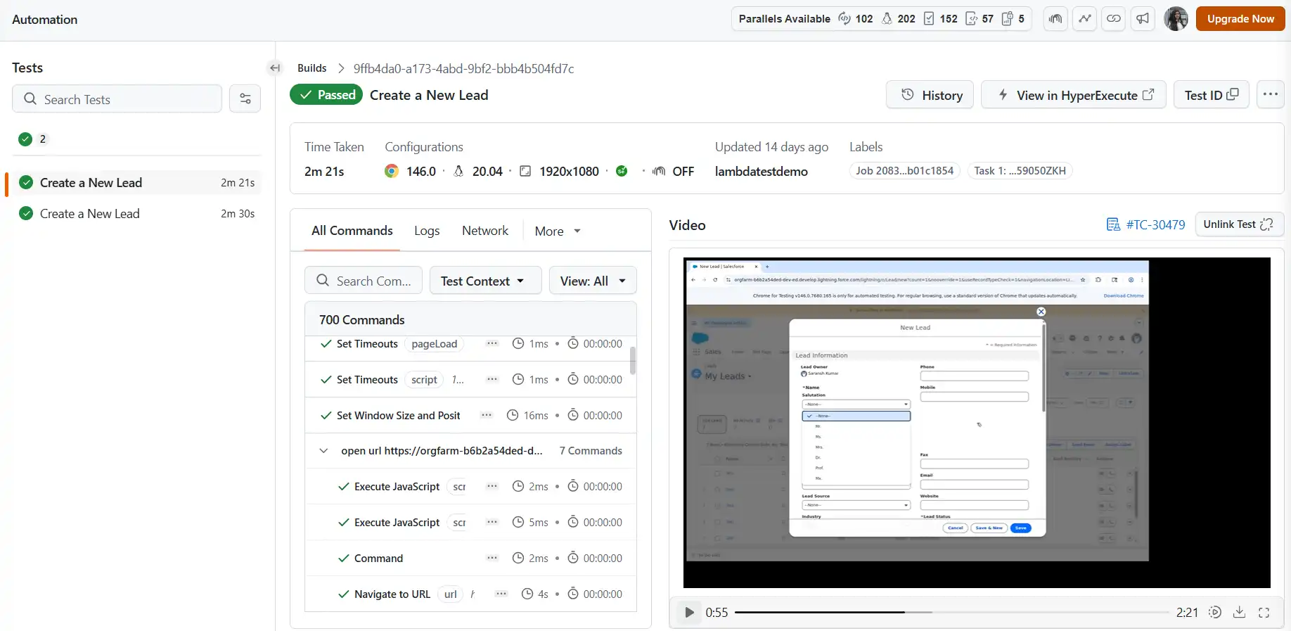 KaneAI results dashboard for Salesforce test automation