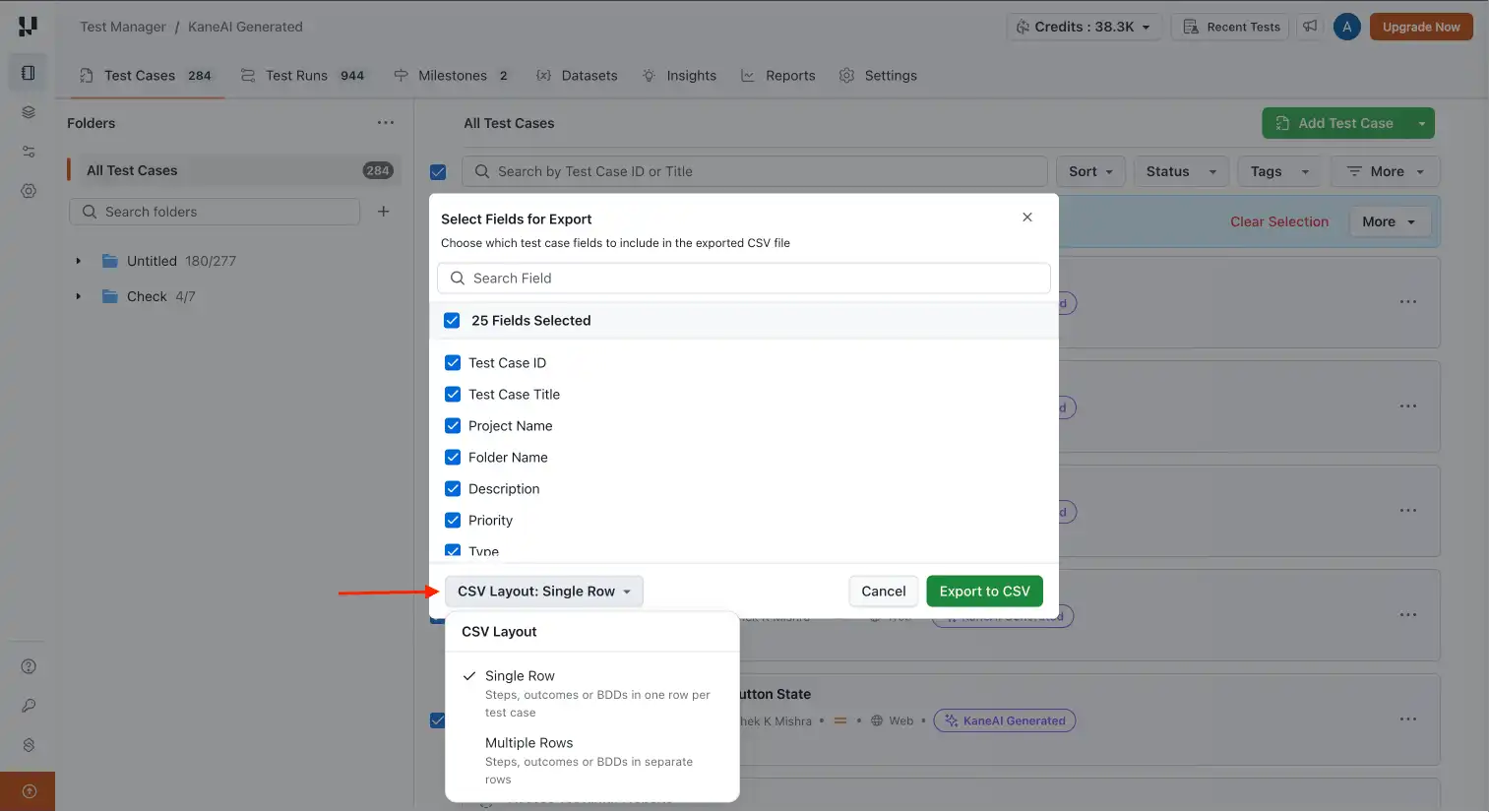 KaneAI steps and layout options in test case export
