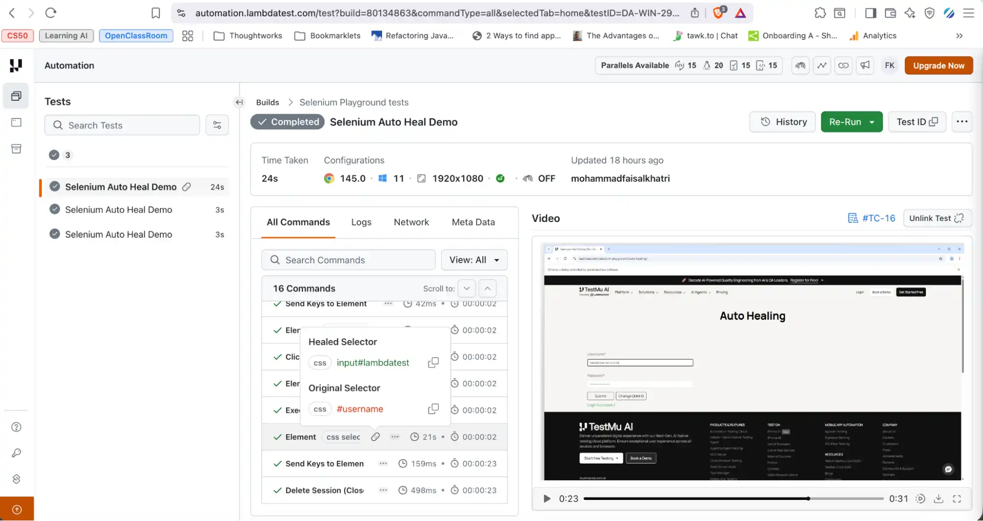 Auto-healed locator result on TestMu AI platform
