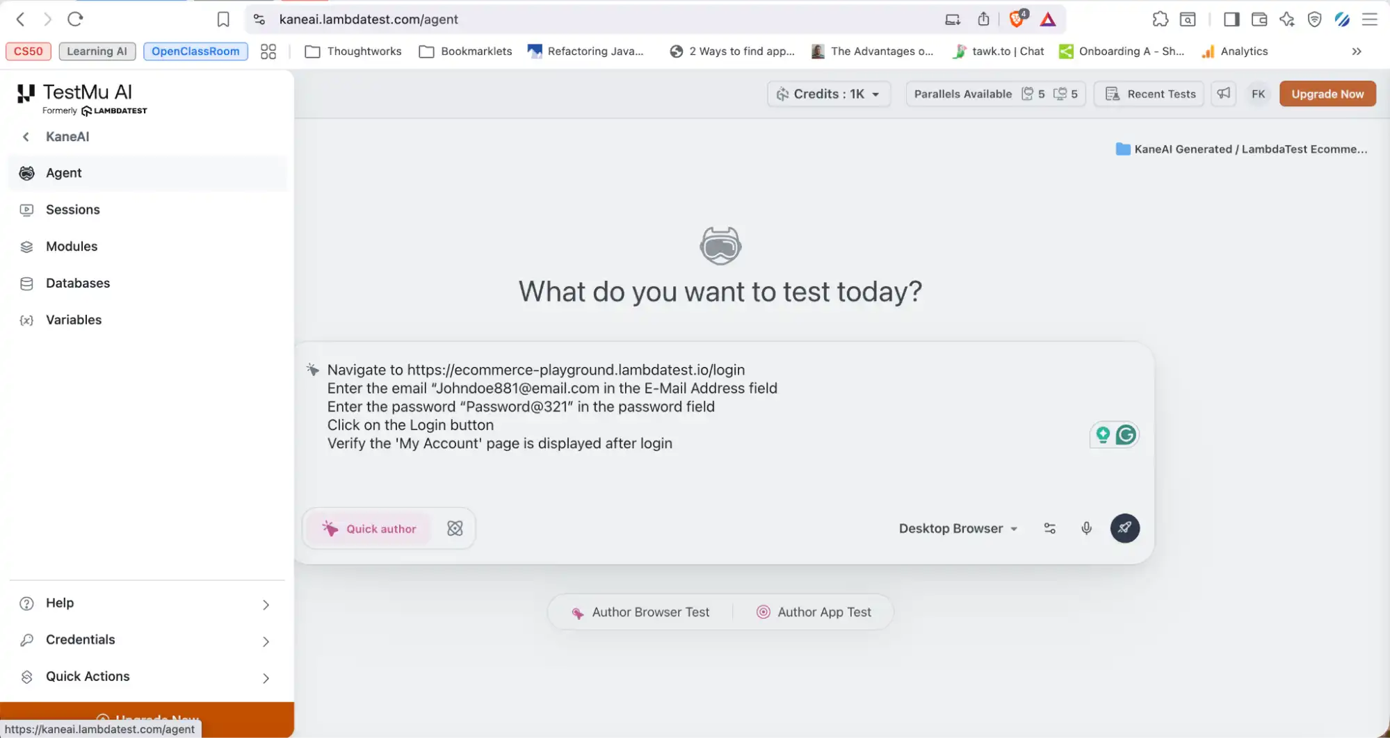 KaneAI test scenario input