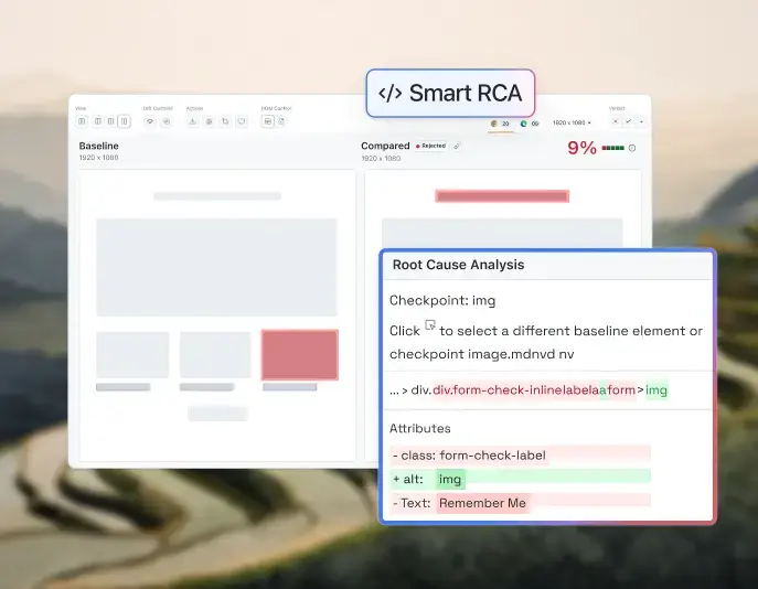 SmartUI root cause analysis linking visual diff to CSS change with fix recommendation