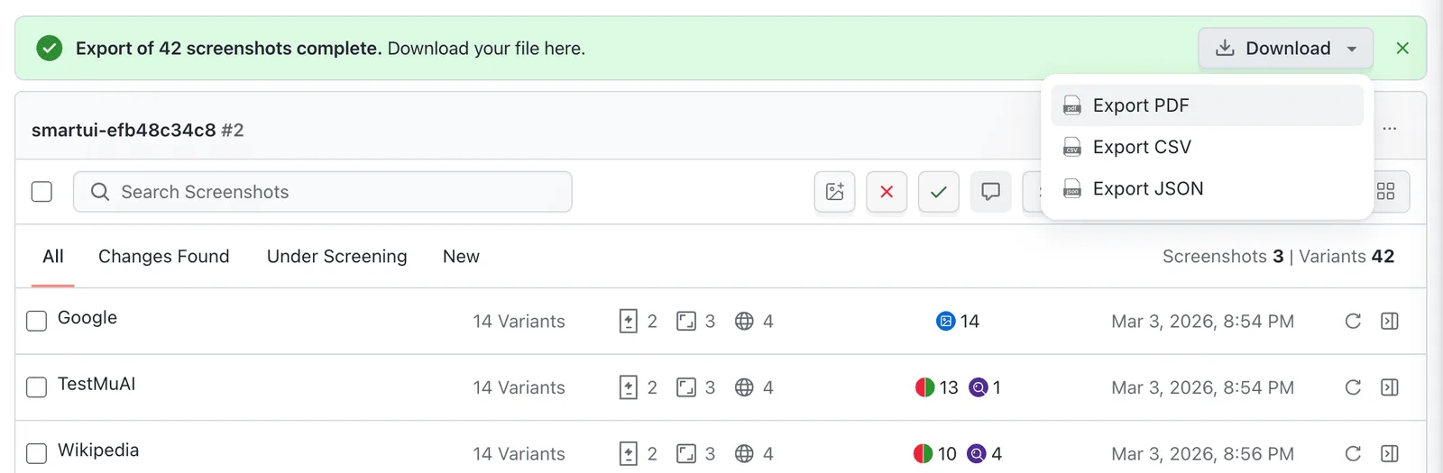 Export SmartUI build data as JSON, CSV, or PDF