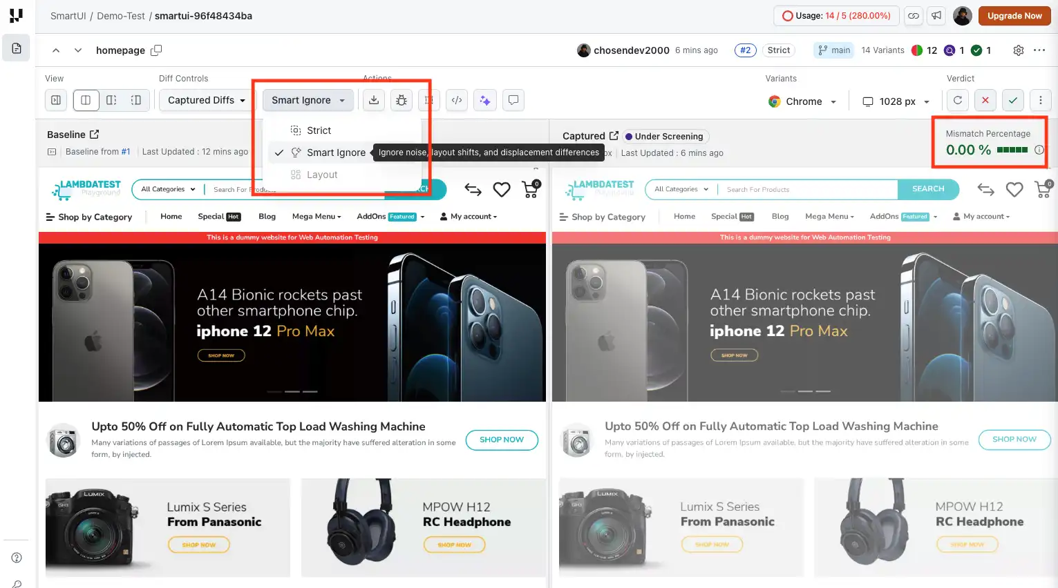 SmartUI smart ignore filtering example