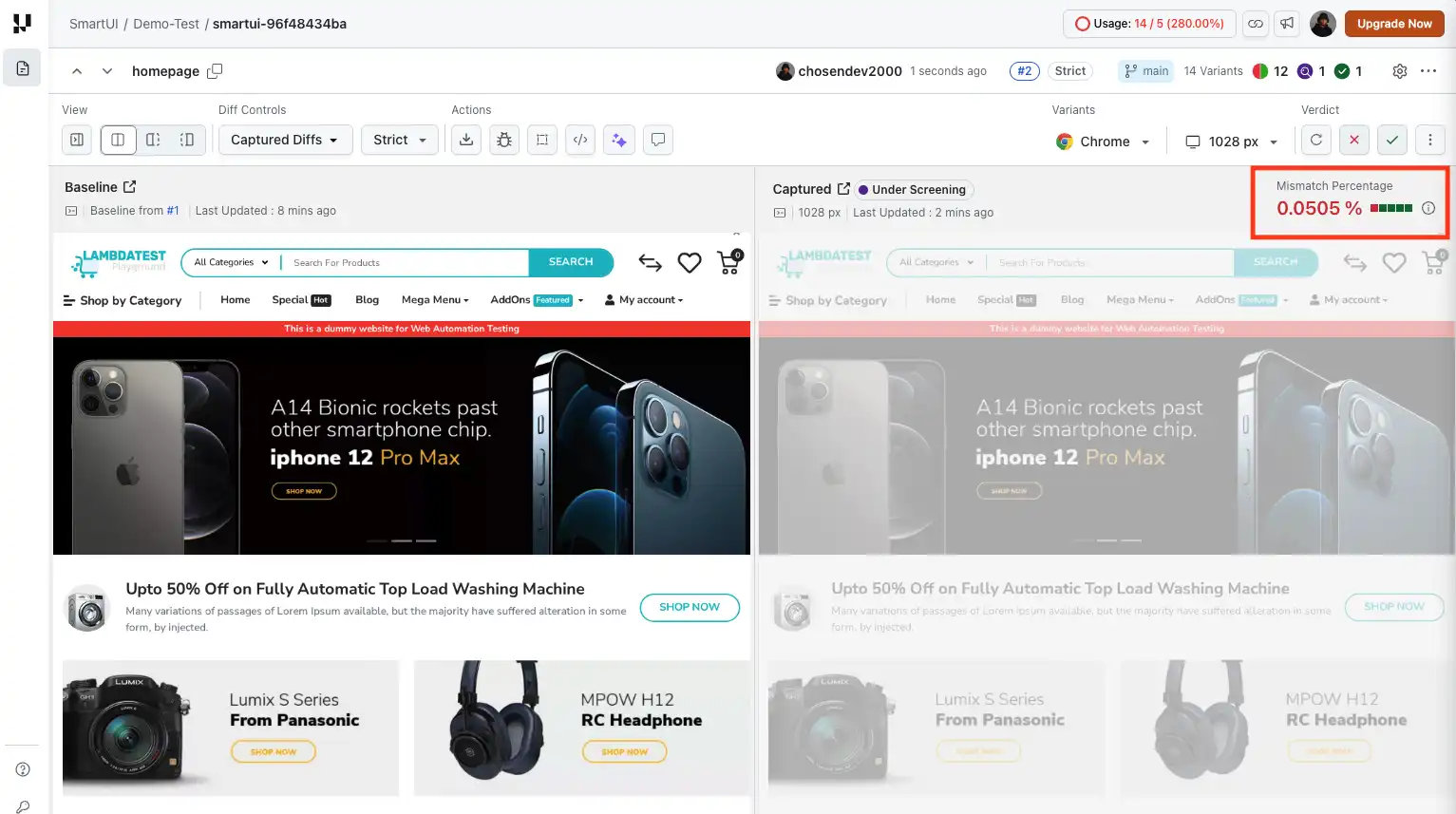Visual testing mismatch example
