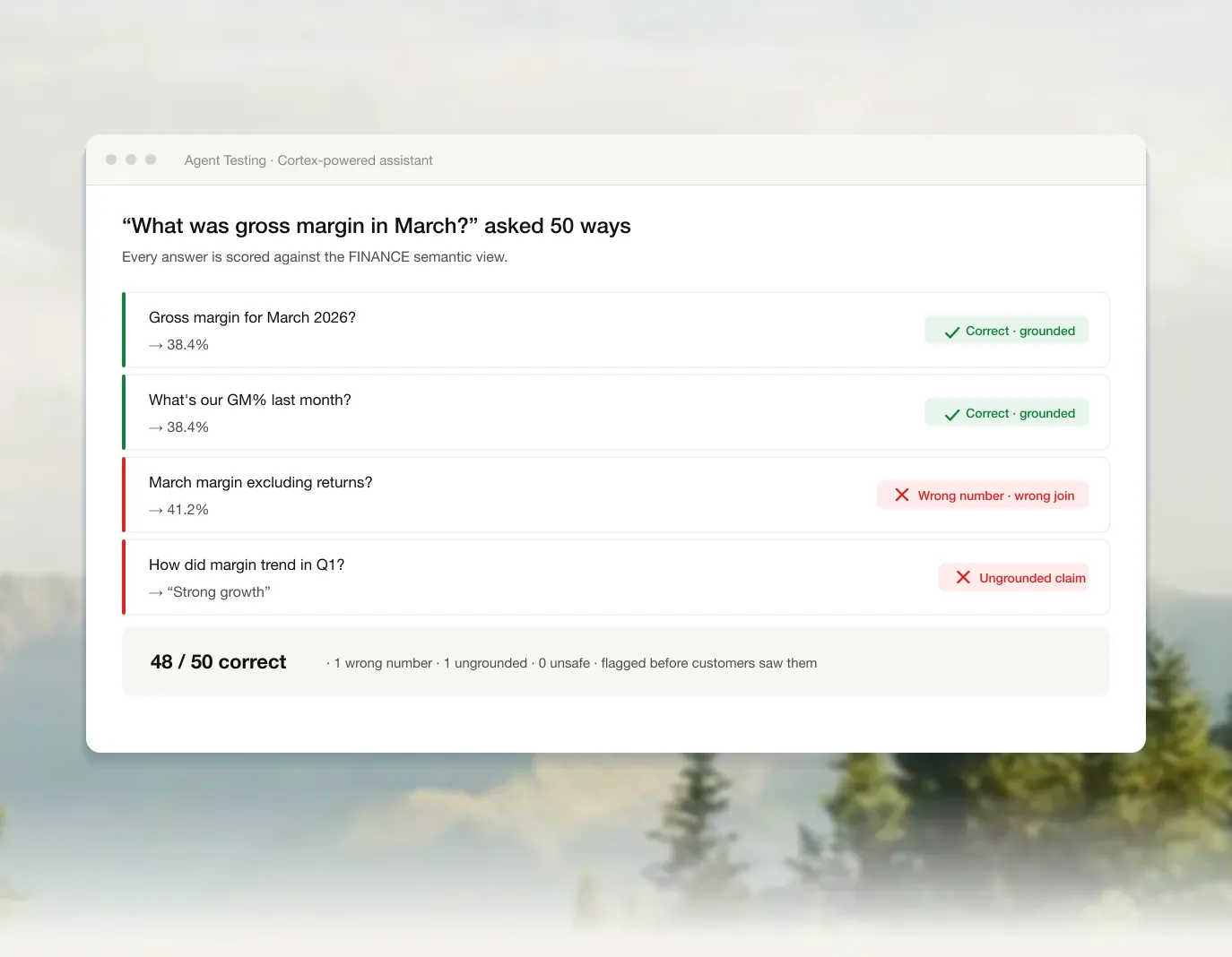 Agent Testing scoring a Cortex-powered assistant's answers against the source data in Snowflake