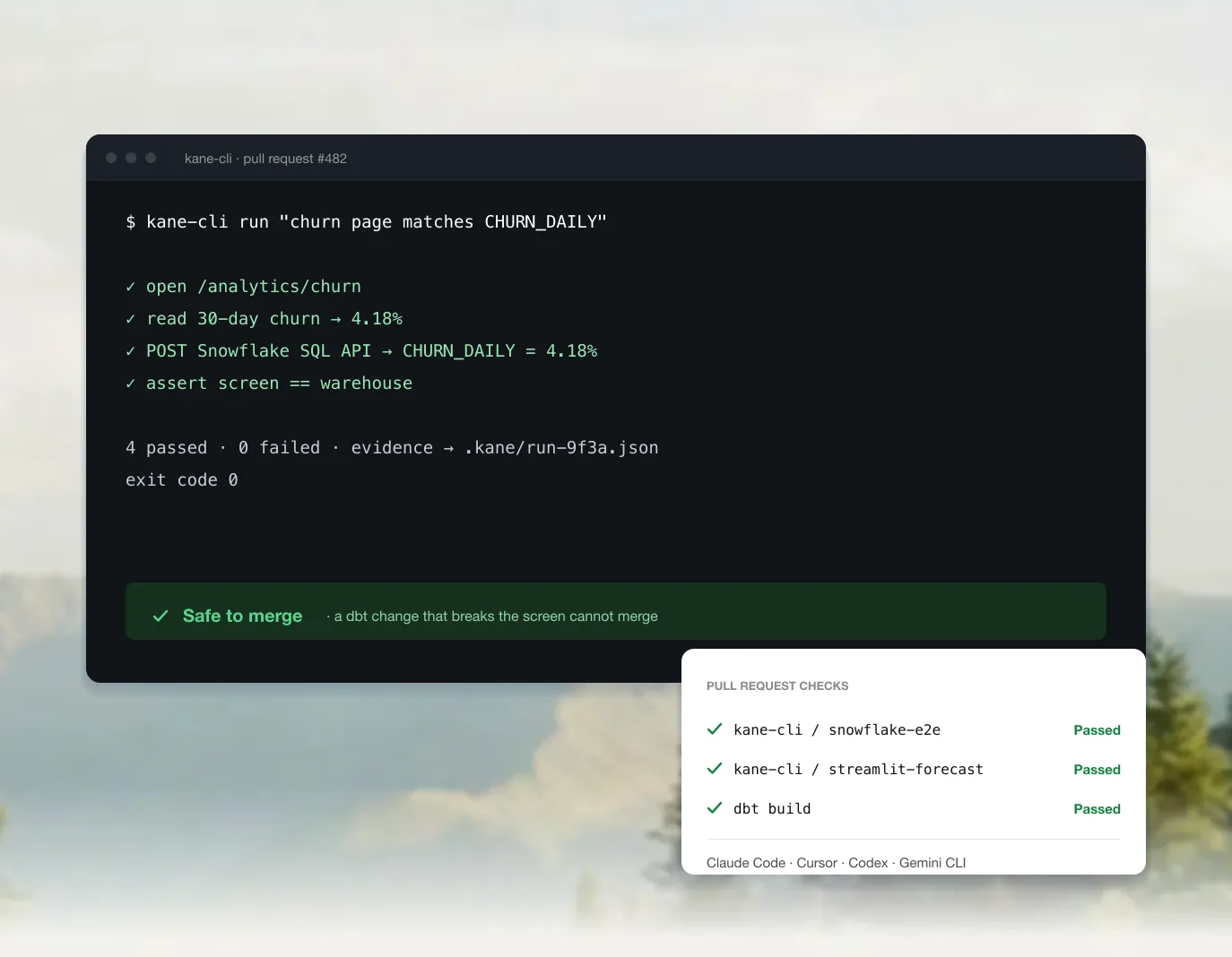 Kane CLI run in a terminal posting a pass or fail verdict with evidence on a pull request