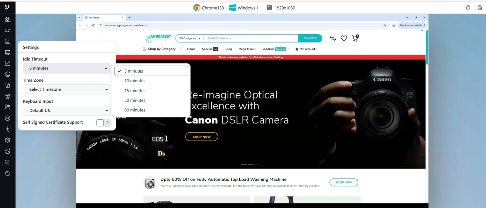 Settings panel in a TestMu AI real-time session with the Idle Timeout dropdown open, showing 5, 10, 15, 30 and 60 minute options with 5 minutes selected
