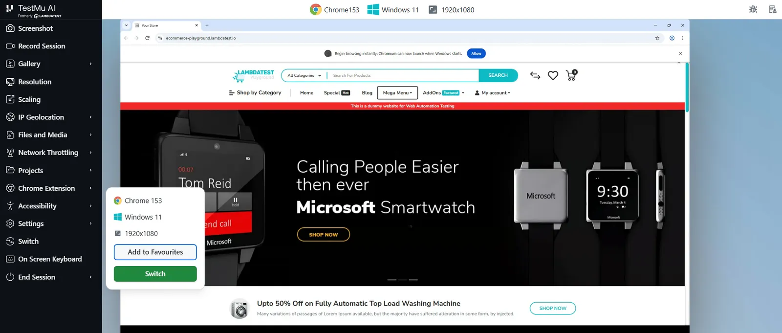 Switch panel open in a TestMu AI real-time session showing Chrome 153 on Windows 11 at 1920x1080, with the green Switch button ready to change configuration