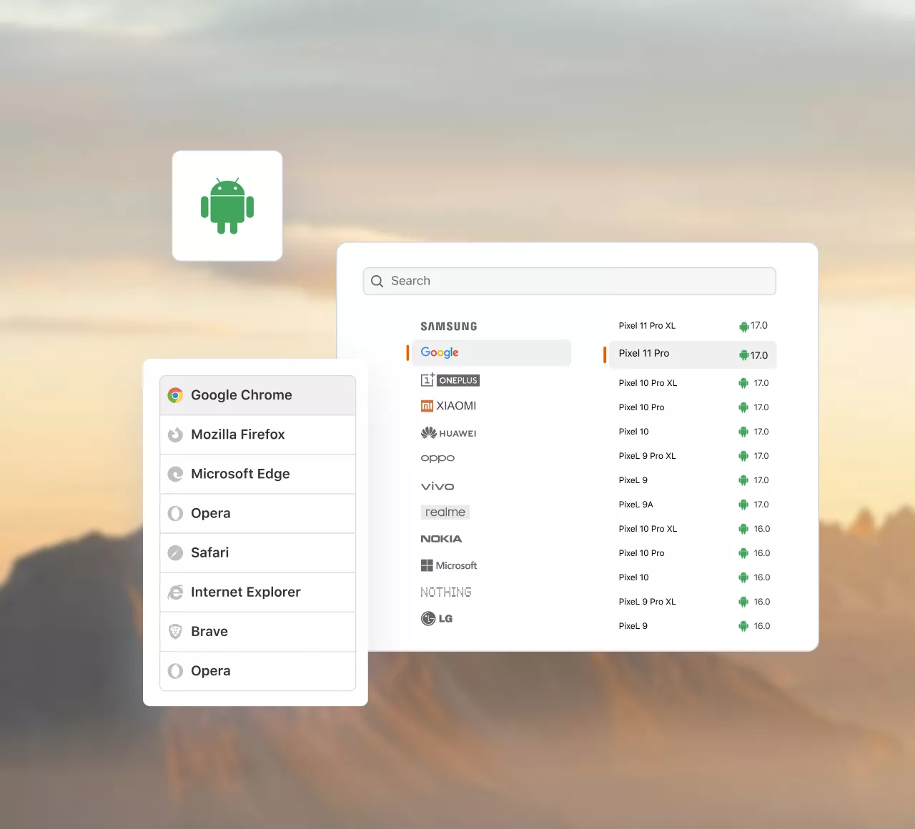 Test android browser on real Pixel, Galaxy, OnePlus, and Xiaomi