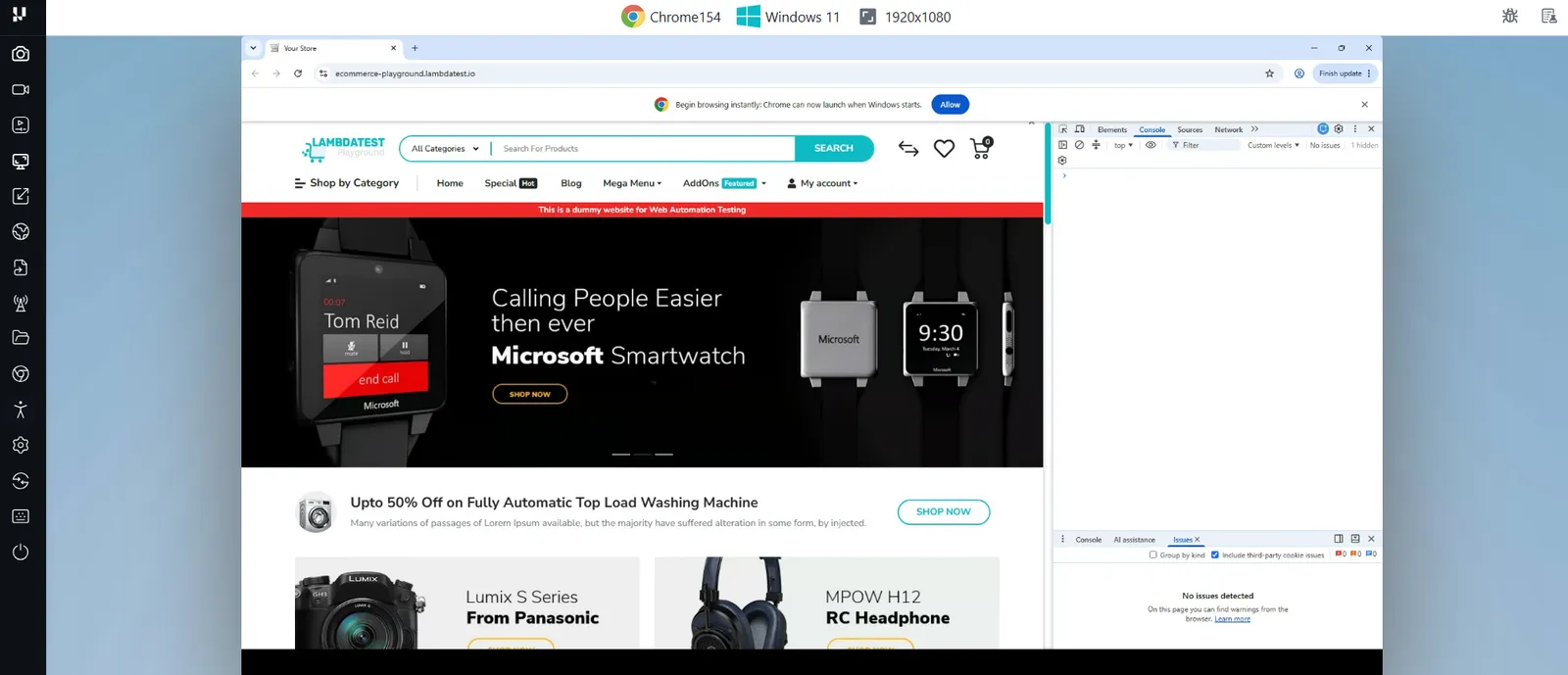 The DevTools Issues panel in a Chrome 154 Beta session A TestMu AI real-time session running Chrome 154 Beta on Windows 11 at 1920x1080, with the DevTools Issues panel open and reporting no issues detected, third-party cookie issues included