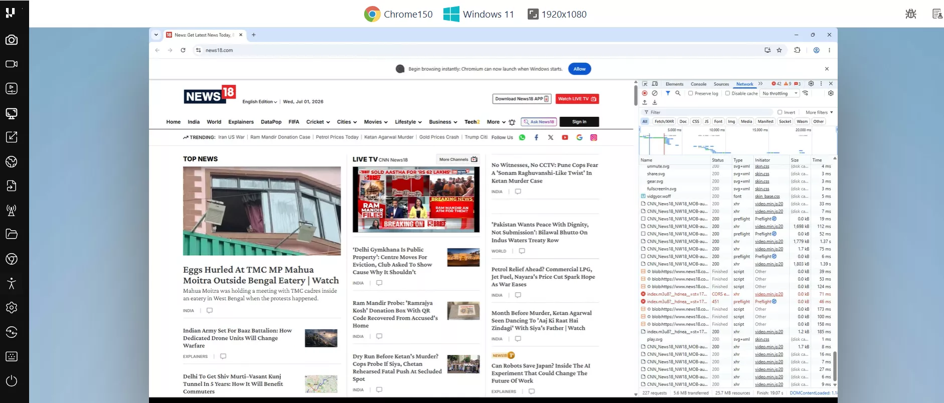 TestMu AI live session testing an ad-heavy news site in Chrome on Windows 11, with DevTools showing blocked and failed network requests in the Network tab
