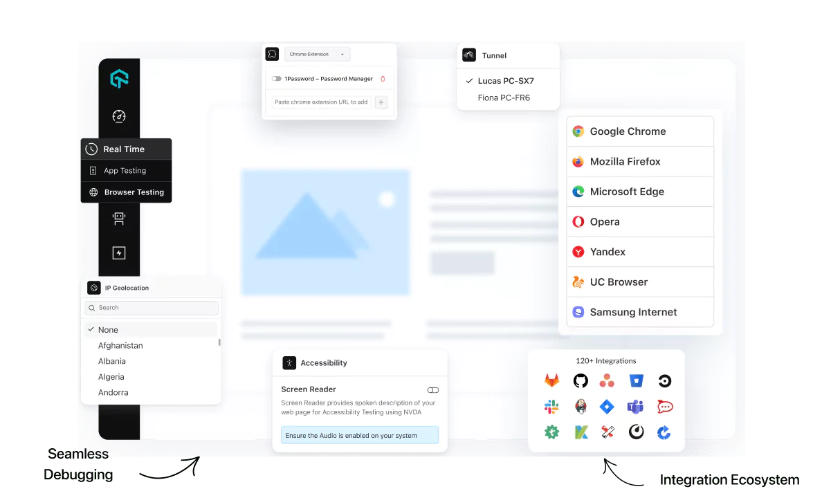 Developer tools, geolocation, tunnel, and integrations inside a live session