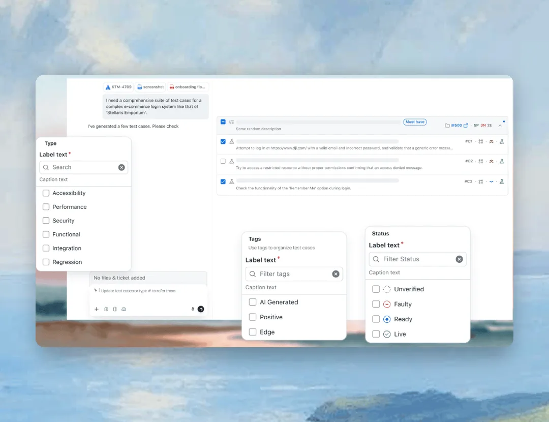Give Test Manager's AI Test Case Generator PDFs or Video Test Manager AI generation chat with a Jira ticket and a screenshot attached, the generated test cases, and Type, Tags and Status pickers