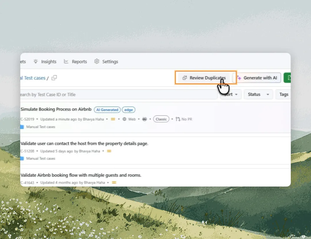 How Test Manager Scores Duplicate Test Cases Test Manager test case list with the Review Duplicates button highlighted beside Generate with AI