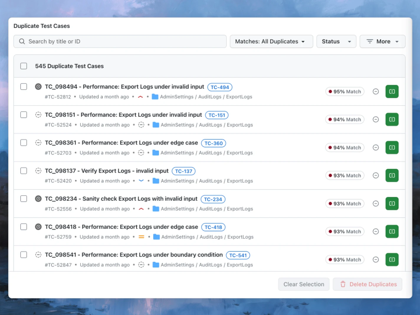 Score Duplicate Test Cases Before You Delete Them Test Deduplication Agent Review and Resolve Duplicates screen with base test cases and percent match scores