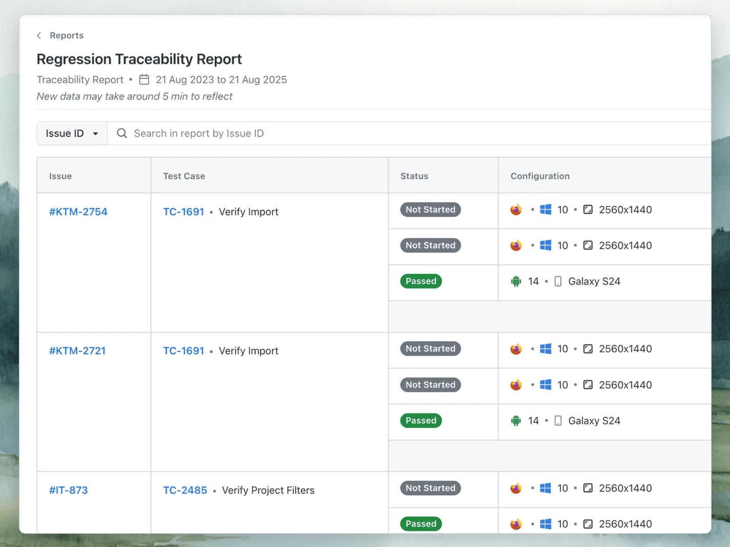 Trace Each Requirement to Its Test Runs and Defects Test Manager Regression Traceability Report linking issues to test cases, statuses, configurations, and test runs