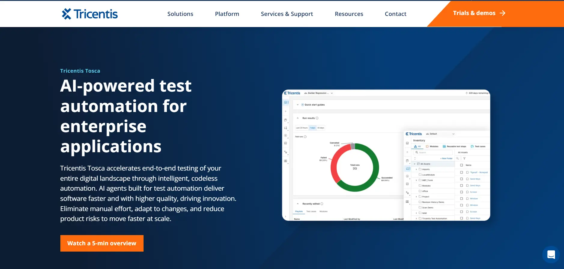 Tricentis Tosca platform screenshot showing enterprise codeless test automation
