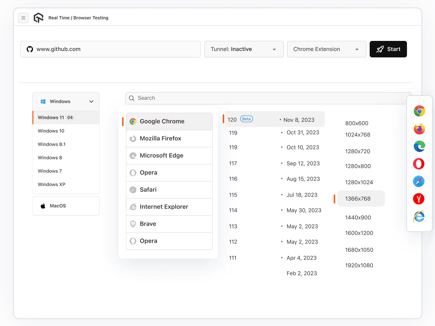 Choose browser, version, OS, and resolution before launching a session