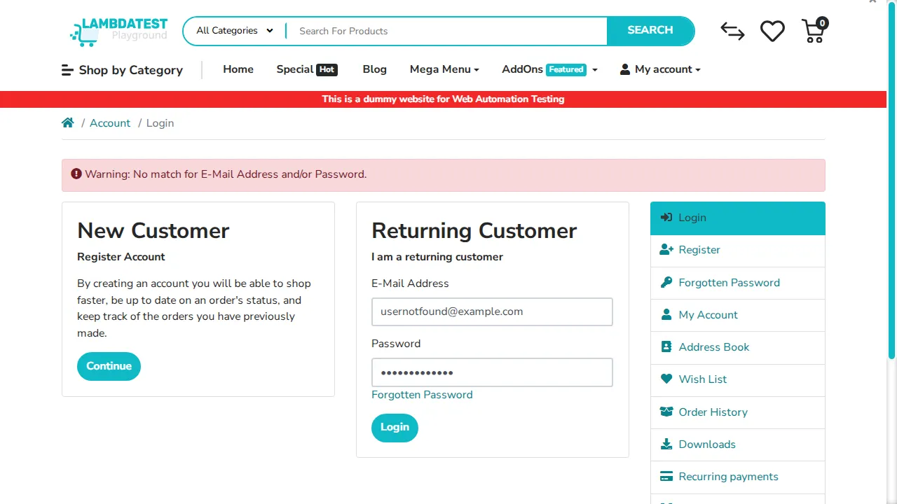 Ecommerce Playground login page on TestMu AI cloud showing the warning No match for E-Mail Address and/or Password