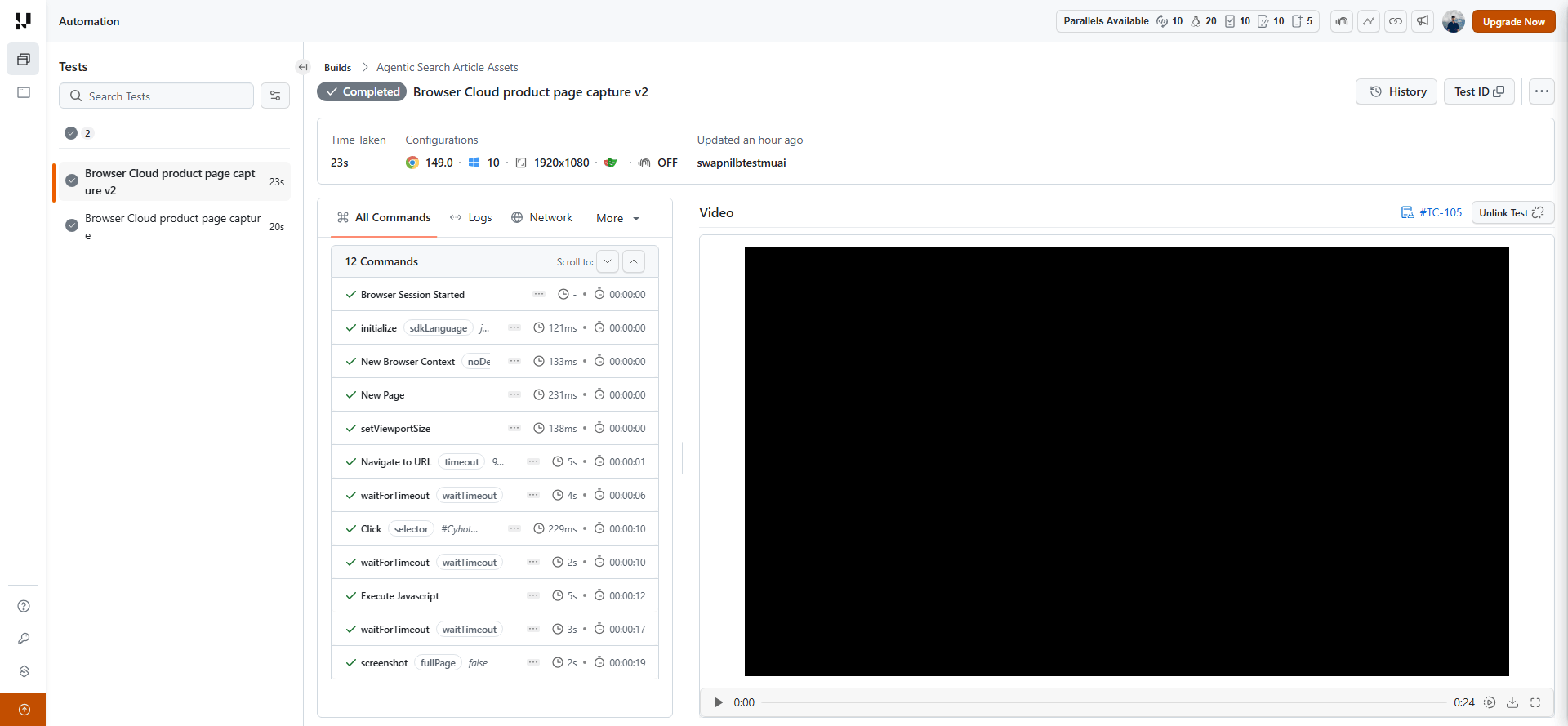 TestMu AI automation dashboard - real cloud test run with command timeline and video TestMu AI automation dashboard showing a completed cloud test with its command timeline, logs, and video evidence