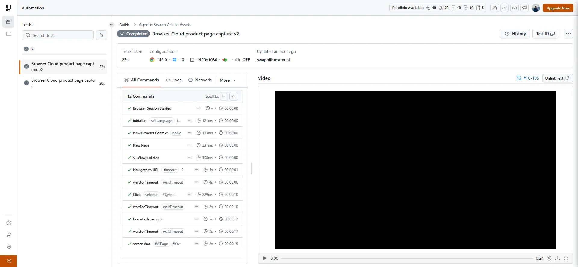 TestMu AI automation dashboard - real cloud test run with command timeline and video TestMu AI automation dashboard showing a completed cloud test with its command timeline, logs, and video evidence