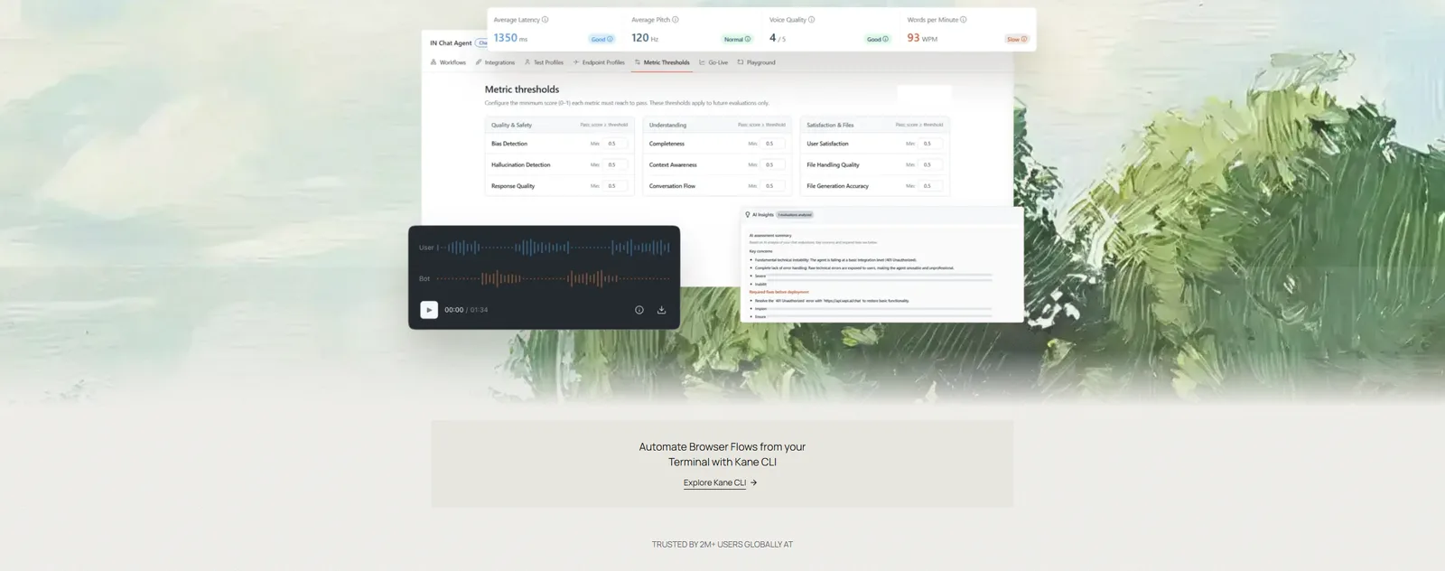 TestMu AI Agent Testing metric thresholds and call recording TestMu AI Agent Testing dashboard showing metric thresholds, latency and voice quality scores, and a recorded call between the user and the bot