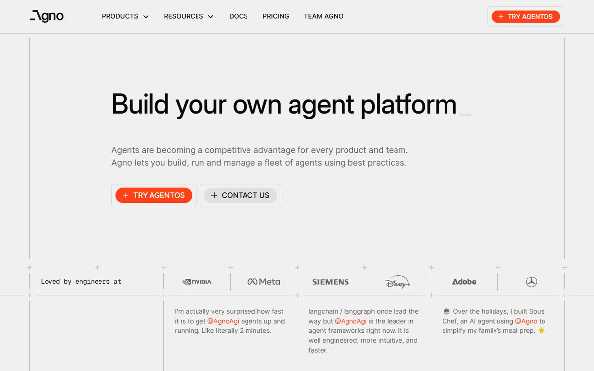Agno homepage describing a platform to build, run, and manage a fleet of agents