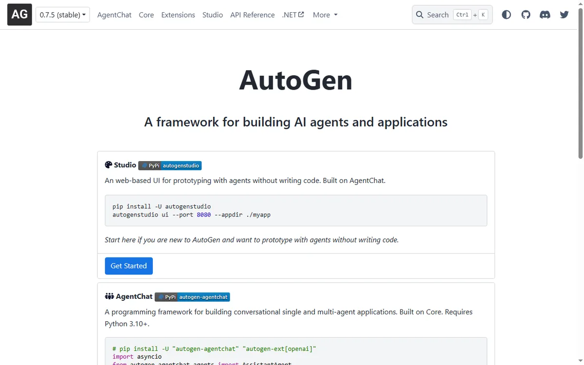 Microsoft AutoGen documentation describing a framework for building AI agents and applications