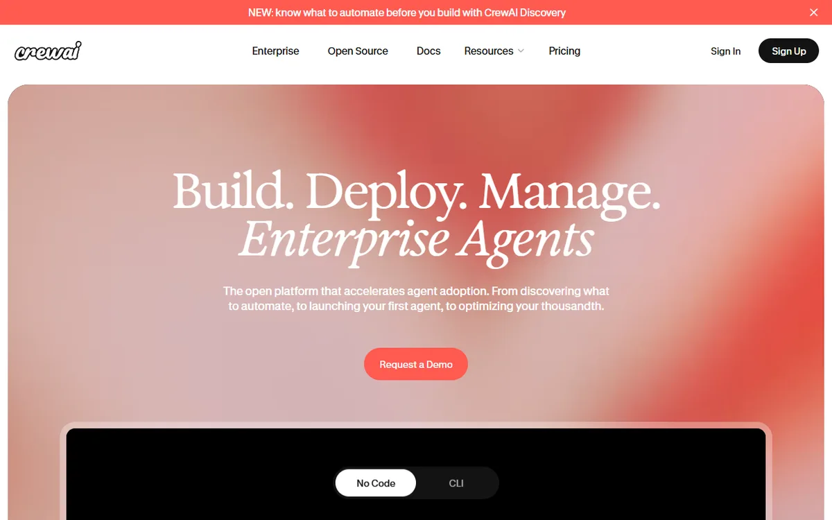 CrewAI homepage showing its platform for orchestrating role-playing autonomous AI agents