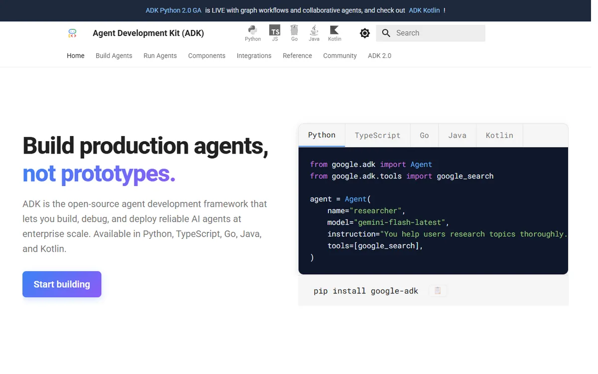 Google Agent Development Kit documentation for building, evaluating, and deploying AI agents