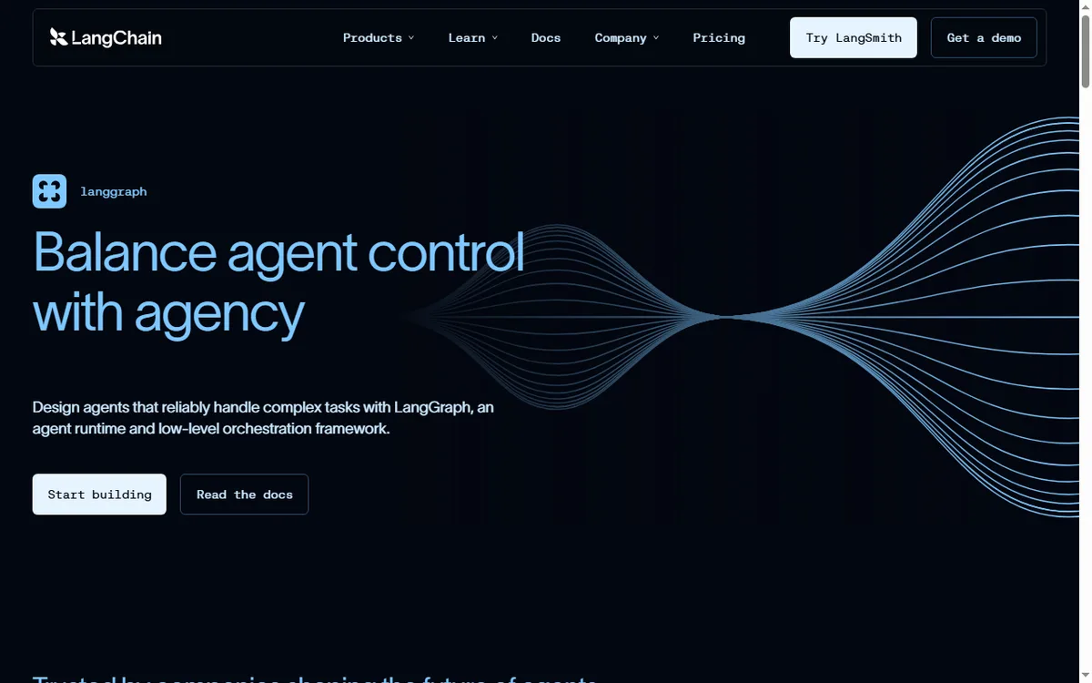 LangGraph homepage describing it as a low-level agent runtime and orchestration framework