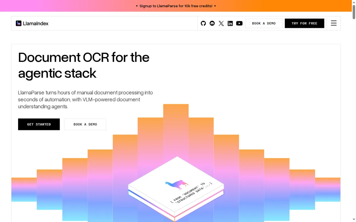 LlamaIndex homepage showing its data framework and agent workflows for building over your own data