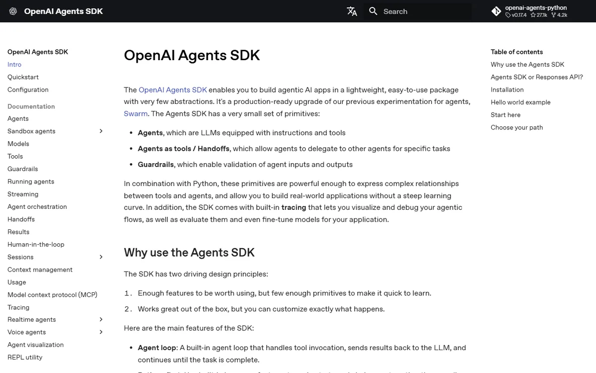 OpenAI Agents SDK documentation showing its lightweight primitives for multi-agent workflows