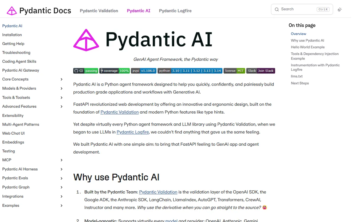 Pydantic AI documentation describing a type-safe agent framework built the Pydantic way