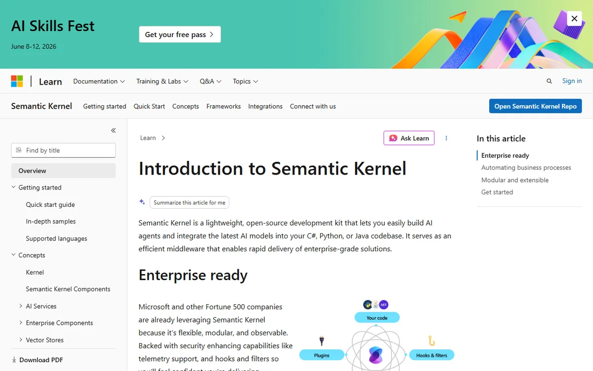 Microsoft Semantic Kernel documentation describing how to integrate LLM technology into apps