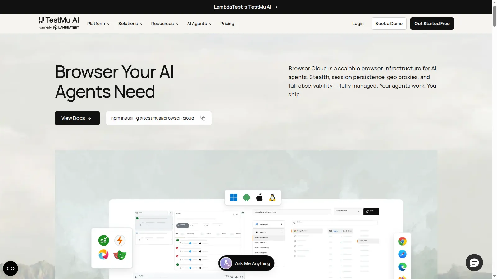 TestMu AI Browser Cloud product page showing browser infrastructure for AI agents