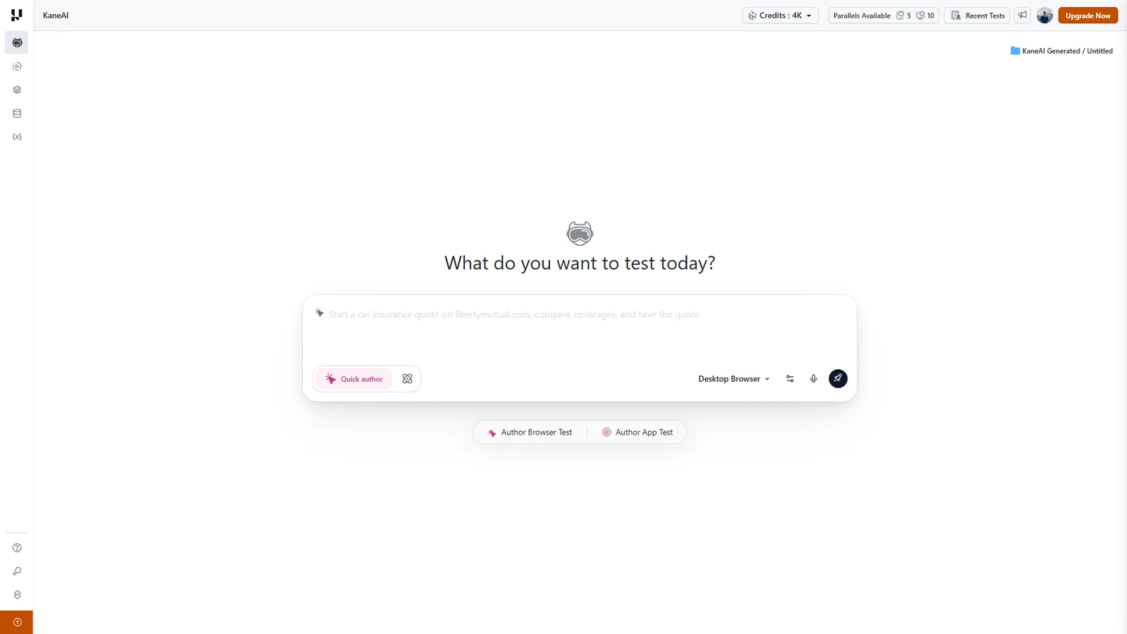 KaneAI app - natural-language test authoring workspace The KaneAI app workspace in TestMu AI, where you describe a test in plain English and the agent authors and runs it across cloud browsers