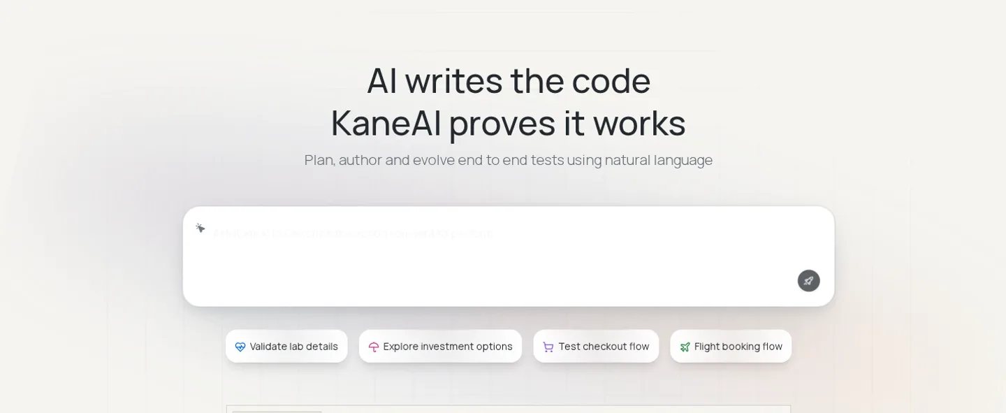 KaneAI authoring tests from plain-English objectives on TestMu AI KaneAI natural-language test authoring box with sample objectives like Test checkout flow and Flight booking flow