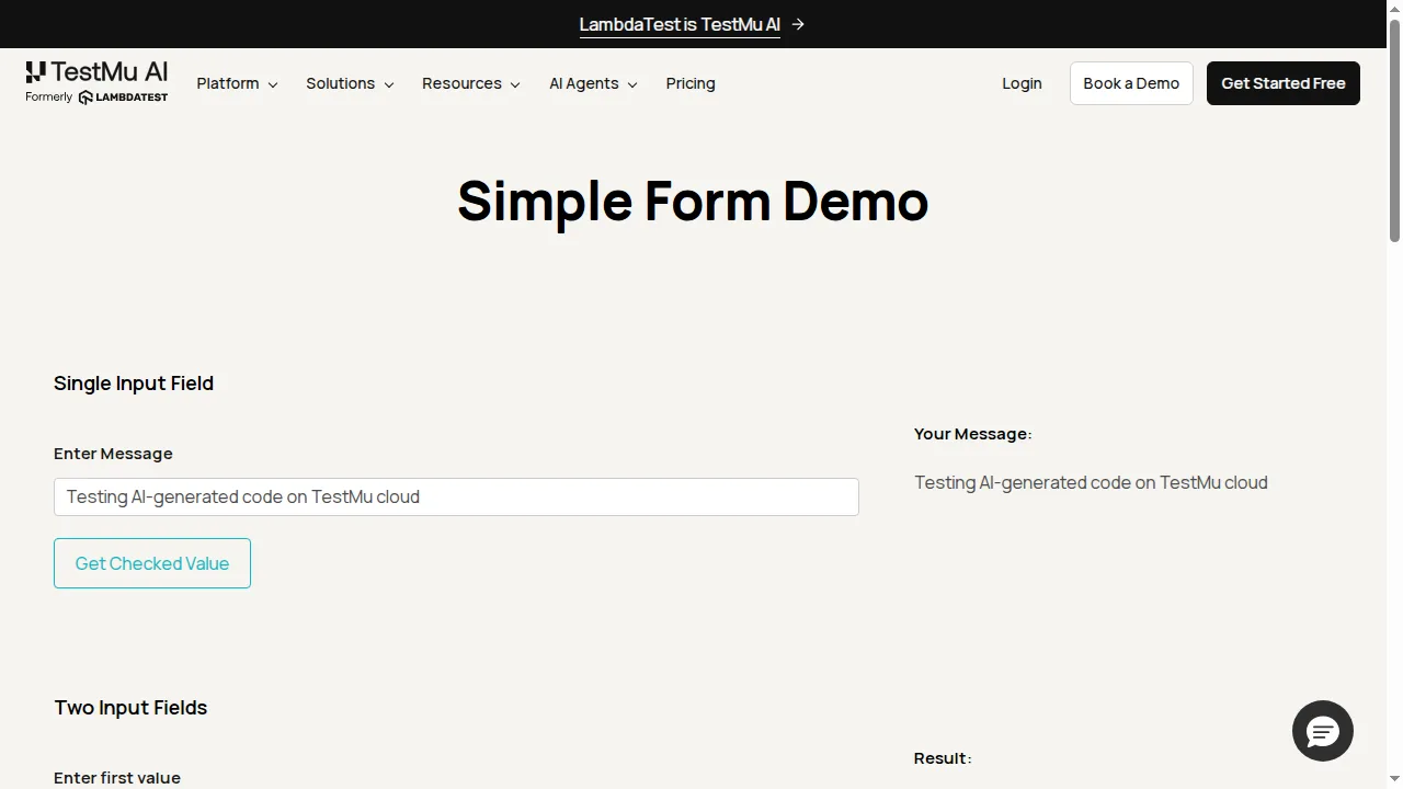 Verifying AI-generated form code on the TestMu AI cloud A form-submission test running on the TestMu AI cloud, verifying the rendered result of AI-generated code