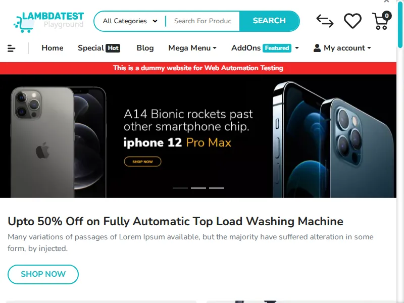 A JavaScript-rendered ecommerce storefront with product listings, prices, and discounts, loaded by real cloud Chrome on TestMu AI Browser Cloud