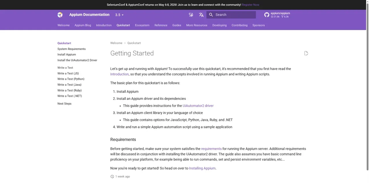 Appium - mobile in-app chatbot testing Appium Quickstart documentation showing getting-started steps for mobile app automation