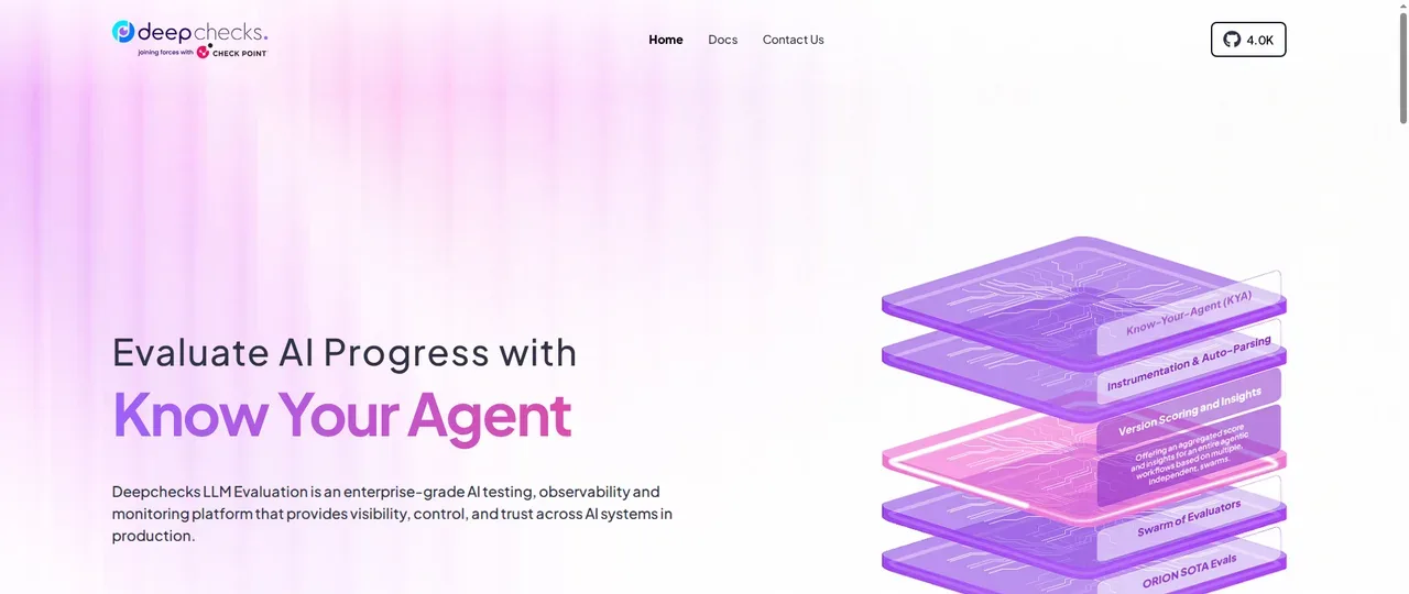 Deepchecks - accuracy and safety scoring for chatbots Deepchecks LLM evaluation platform showing Know Your Agent with a layered evaluation stack